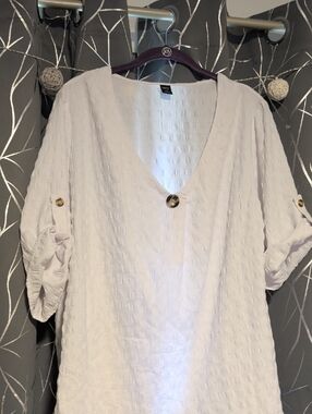White Textured V-Neck Tunic with Button Detail